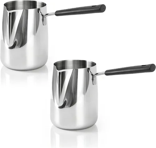 Vista 9 de Classics - Cafetera turca de 12 onzas / 11.8 fl oz de acero inoxidable para espuma de leche, jarra de café de mango largo, jarra toroide, calentador