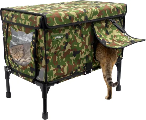 Vista 10 de Casa para gatos al aire libre, resistente a la intemperie, con dosel, refugio exterior para gatos, cubierta de techo y soporte elevado, casa
