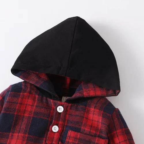 Vista 5 de VOLUOVO Conjunto de sudadera con capucha y bolsillo a cuadros para bebés y niños pequeños