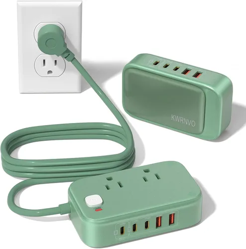 Vista 9 de Estación de carga USB de 5 pies con tomas, tira de alimentación de viaje USB C plana PD 20 W cargador con salidas de CA de 2500 W, 3 puertos USB-C
