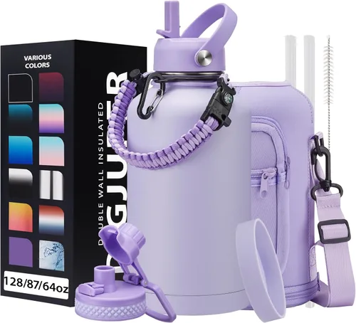 Vista 24 de Botella de agua aislada de 1 galón, con popote y tapa de pico automático, mango de paracord, funda para botella, botella de agua de acero inoxidable
