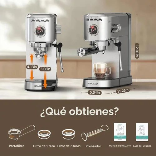 Vista 7 de Spacekey Máquina de café expreso de 20 barras, cafetera profesional de 1350 W con espumador de leche, cafetera compacta de acero inoxidable