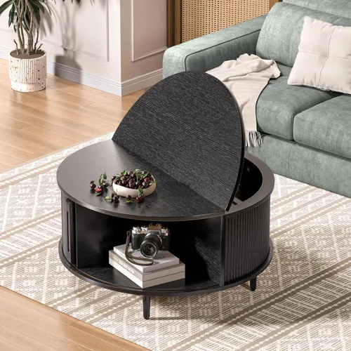 Vista 4 de Round Coffee Table, 31.5" Fluted Center Table with Storage, Lift-Top Coffee Table with Adjustable Footpads, Sliding Door, Mid-Century Modern Center