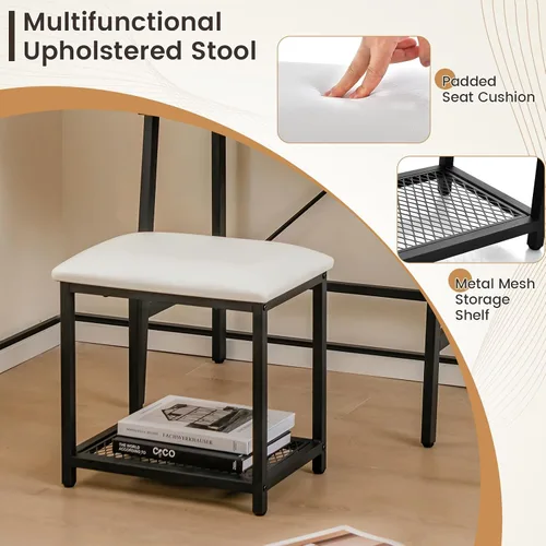 Vista 5 de GOFLAME Juego de mesa de tocador con espejo abatible, escritorio de tocador de escalera y taburete acolchado con estantes y compartimentos