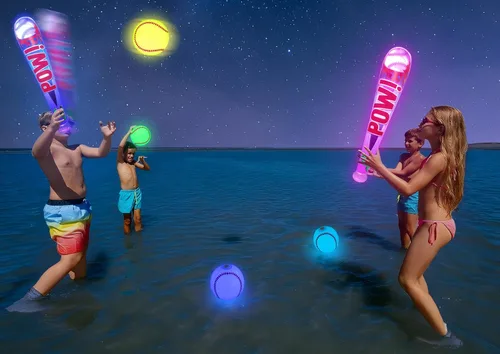 Vista 7 de Geefuun Juguetes de piscina, juegos de playa para niños, béisbol inflable con luz LED que brilla en la oscuridad, fiesta de murciélagos al aire