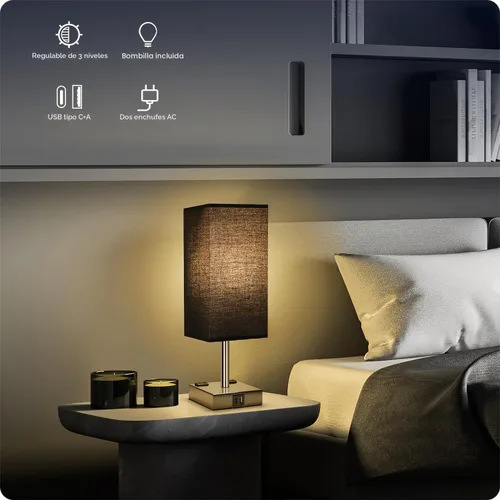 Vista 2 de Lámpara de noche con puertos USB - Lámpara de mesa de control táctil para dormitorio con puertos de carga USB C + A y salidas de AC, lámpara