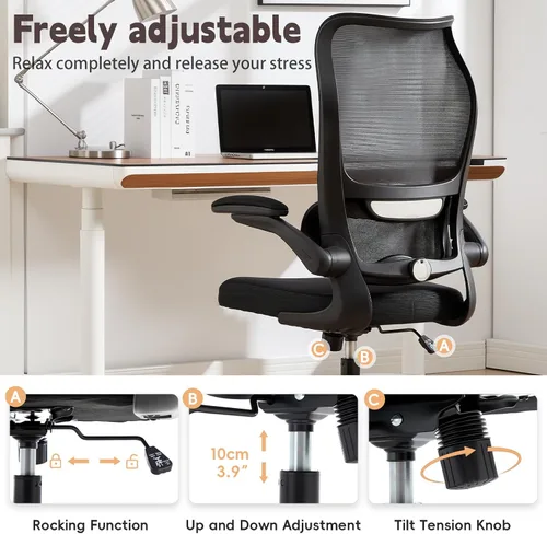 Vista 9 de Silla de oficina ergonómica, silla de escritorio de malla transpirable con respaldo alto para computadora con soporte lumbar ajustable