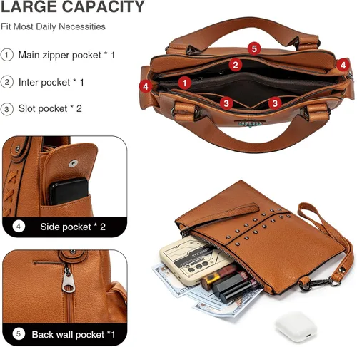 Vista 6 de Bolso de mano para mujer grande, bolso western, damas con asa superior, bolsos de hombro vintage con conchas grabadas y tachuelas