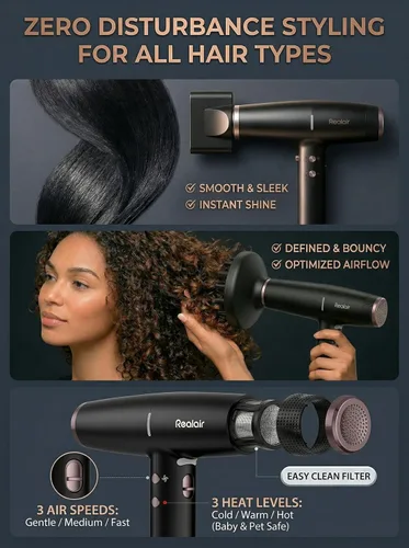 Vista 6 de Secador de pelo iónico profesional Realair® con difusor • Secador de iones negativos • Adecuado para todo tipo de cabello • Control inteligente