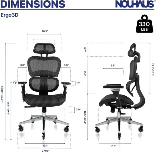 Vista 2 de Nouhaus Ergo3D - Silla ergonómica de oficina con soporte lumbar de malla con reposabrazos ajustable 4D, reposacabezas y ruedas ajustables, respaldo