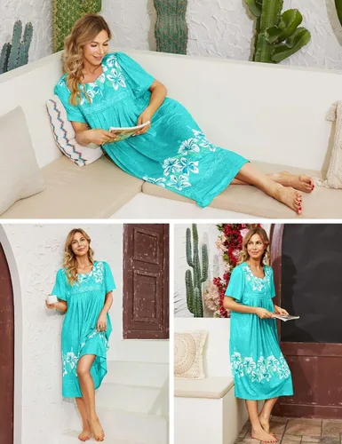 Vista 2 de Bloggerlove Camisón hawaiano para mujer, vestido de casa hawaiano Muumuu con estampado de tumbona, vestido de patio con bolsillos Moomoo