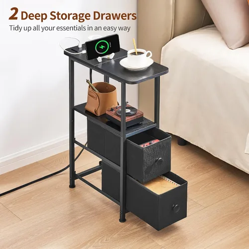 Vista 6 de DALEMHOME Mesa auxiliar estrecha con estación de carga, mesa auxiliar estrecha con cajón, mesita de noche pequeña con luz LED, mesita de noche Negro