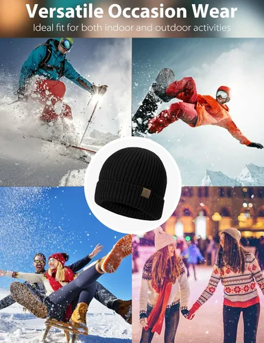 Vista 6 de LiuSuper Gorro XXL de gran tamaño para hombres y mujeres, gorro de invierno cálido extragrande para cabezas grandes, forrado y elástico Negro