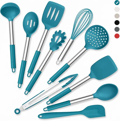 Vista 20 de Onader Juego de 10 utensilios de cocina de silicona, con soporte y mango de acero inoxidable resistente al calor para utensilios de cocina Negro
