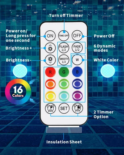Vista 7 de Luces de piscina, luces LED sumergibles recargables con control remoto, imán integrado, 16 luces flotantes que cambian de color, luces subacuáticas