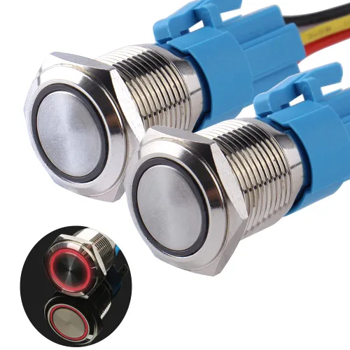 Vista 10 de Paquete de 2 interruptores de botón momentáneos de 0.63 pulgadas, 12 V-24 V, LED, impermeable, de metal, 1 NO 1 NC, con enchufe de cable