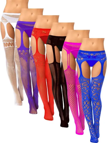 Vista 22 de Skylety 6 pares de medias de red para mujer, medias altas hasta el muslo, medias con tirantes para mujeres y niñas