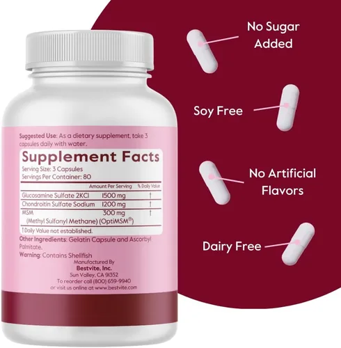 Vista 3 de BESTVITE Glucosamina condroitina MSM 500/400/100 por cápsula (240 cápsulas) con OptiMSM patentado, fórmula de máxima resistencia para apoyo