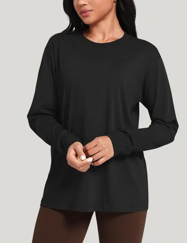 Vista 4 de HeyNuts - Camisas de manga larga para mujer de algodón Pima para entrenamiento, cuello redondo, atléticas, básicas, casuales