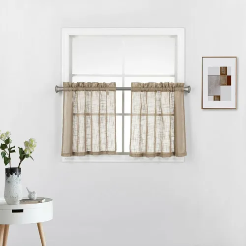Vista 8 de 2 piezas de cortinas de aspecto de lino sólido y elegante, paneles totalmente cosidos, niveles de tratamiento de ventanas