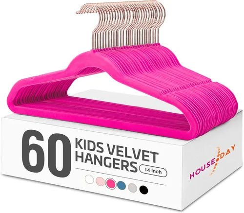 Vista 18 de HOUSE DAY Perchas de terciopelo para bebé, perchas de terciopelo para armario, paquete de 60 perchas antideslizantes para niños pequeños de 11.8