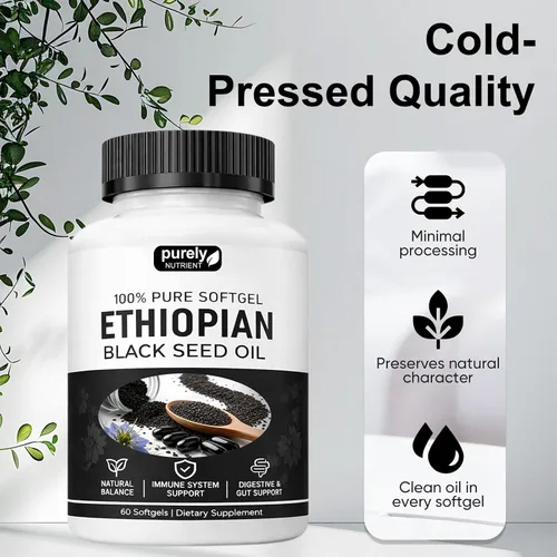 Vista 6 de Aceite de semilla negra etíope puramente nutritiva, cápsulas de aceite de semilla negra puramente etíope 4.64% timoquinona, cápsulas blandas