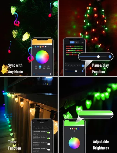 Vista 6 de Guirnalda de luces C9 para Navidad personalizada, 33 pies, 50 LED, controladas por aplicación, cambio de color, control de grupo, luces de cadena