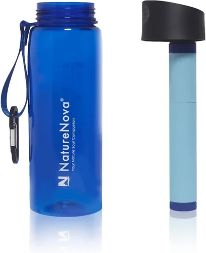 Vista 2 de Botella con filtro de agua con filtro integrado de 4 etapas, sin BPA para camping, senderismo, mochileros, emergencia y viajes, color negro, 22.0 fl