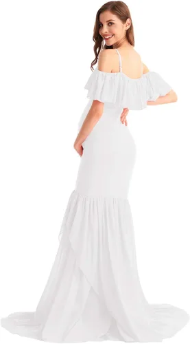 Vista 42 de MYRISAM Vestido de maternidad con volantes y hombros descubiertos para mujer, vestido de fiesta de sirena de gasa, vestido ajustado