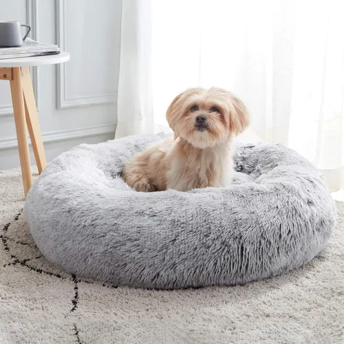 Vista 15 de Cama calmante para perros y gatos, cama antiansiedad, de felpa, con forma de dona, redonda, acolchada, de piel sintética, suave y esponjosa