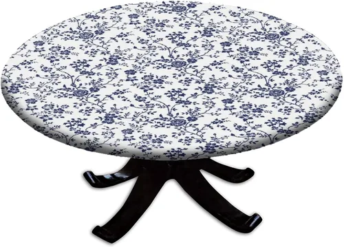 Vista 12 de Mantel redondo ajustable con borde elástico floral azul, mantel con borde elástico de estilo floral pastoral, almohadilla de mesa de poliéster