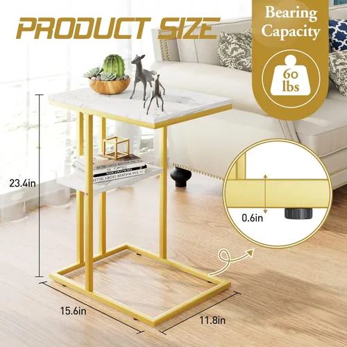 Vista 3 de Easy Paws - Mesa auxiliar en forma de C, mesa lateral pequeña para sofá y cama, mesa de aperitivos dorada para espacios pequeños, sala de estar