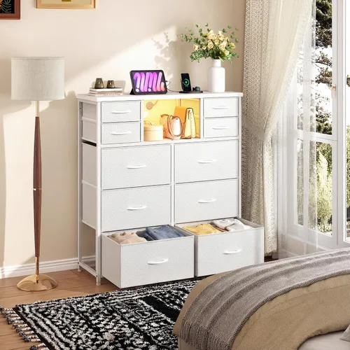 Vista 2 de DurayLoly Cómoda blanca para dormitorio con estación de carga y LED, 10 Blanco