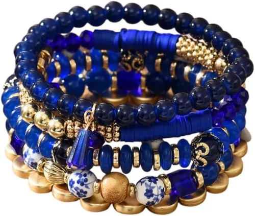 Vista 3 de 4 piezas de juego de pulseras bohemias apilables de múltiples capas con cuentas de cristal coloridas, pulseras elásticas con cuentas de oro Verde
