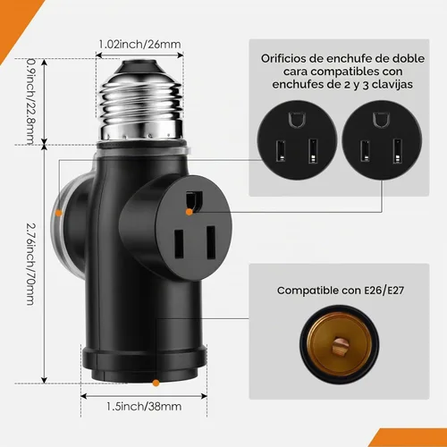 Vista 3 de Onite Adaptador de toma de corriente, convertidor E26 a enchufe con PBT ignífugo, divisor polarizado multifuncional para uso en interiores