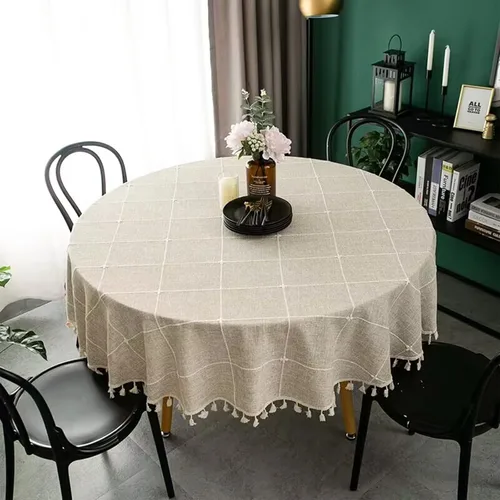 Vista 7 de Mantel redondo con borlas a cuadros, mantel redondo de lino de algodón pesado para cocina, comedor, granja, fiesta, mesa, decoración de picnic