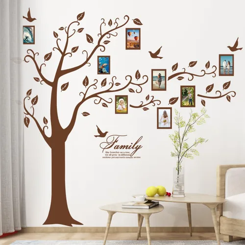 Vista 9 de Adhesivo de pared para árbol de fotos familiar grande, marco de fotos 3D, calcomanías de pared de árbol con citas extraíbles, hojas y pájaros, Negro
