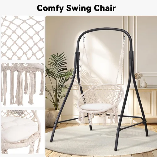 Vista 4 de Silla Hamaca Colgante de Interior con Soporte, Silla Colgante de Exterior con Soporte, Capacidad de 400 libras, Beige