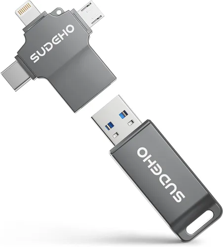 Vista 10 de Memoria USB USB con certificación MFi para iPhone, memoria externa 4 en 1 para ahorro de video y copia de seguridad (plata, 256 GB)