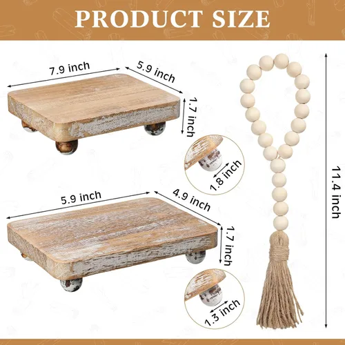 Vista 3 de Capoda 3 piezas de elevadores de madera para decoración, mini soportes de pedestal de madera con guirnalda de cuentas de madera, decoración rústica