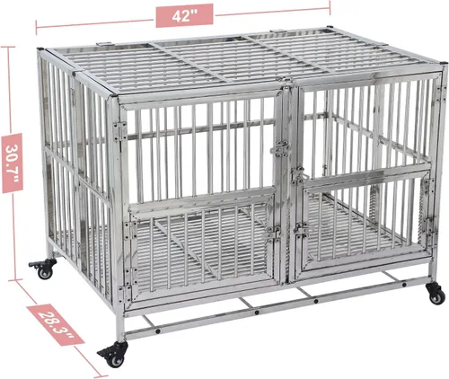 Vista 2 de Jaula para perros resistente de 42 pulgadas con ruedas, jaula de acero inoxidable indestructible de alta ansiedad, diseño de cerraduras resistentes
