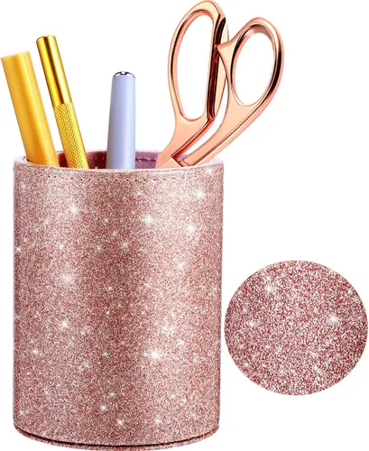 Vista 8 de Outus - Portaplumas de PU con purpurina, taza para lápices brillante para mujeres y niñas, lujoso soporte para brochas de maquillaje de cuero