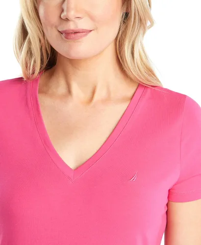 Vista 4 de Nautica Camiseta de algodón elástico súper suave con cuello en V para mujer