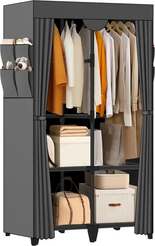 Vista 11 de Armario de Ropa, Montaje Rápido y Fácil, Clóset Portátil Negro con 2 Barras Colgantes, 4 Estantes de Almacenamiento y 8 Bolsillos Laterales, Estante