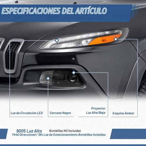 Vista 2 de Auto Dynasty Conjunto de faros LED DRL compatibles con Jeep Cherokee 2014-2018, 4 pares de faros halógenos de repuesto con tira de luz