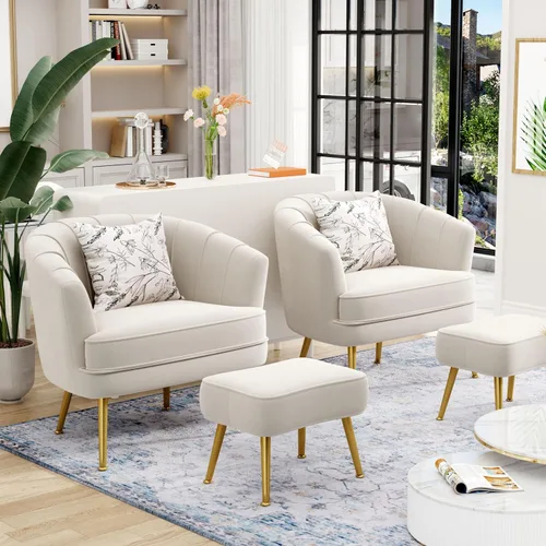 Vista 6 de Andeworld Silla decorativa de terciopelo con otomana, sillón de barril Beige