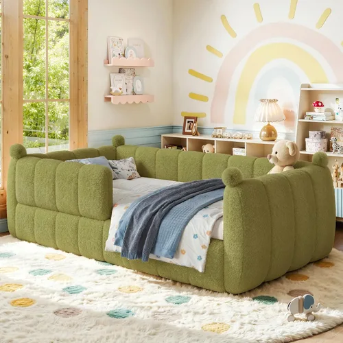 Vista 15 de Cama de suelo tapizada con valla, cama de piso tamaño individual con Beige