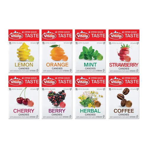 Vista 21 de Vitalp Sabor, Hecho en Suiza, Caramelo Sin Azúcar con Stevia, Vegano, Sabor a Cereza, Paquetes de 25g/0.88 Onzas, 16 Cajas