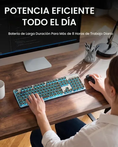 Vista 5 de SEUNKWANG EWEADN V3 Combo de Teclado y Mouse Inalámbrico con Retroiluminación Azul, Panel Metálico, Teclado y Mouse de Computadora Recargable
