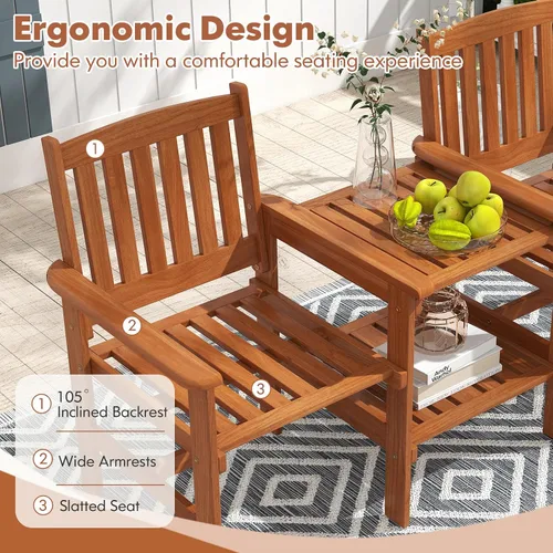 Vista 5 de RELAX4LIFE Sofá de dos plazas para exteriores con mesa integrada, sillas de patio de madera con mesa central y agujero para paraguas, banco